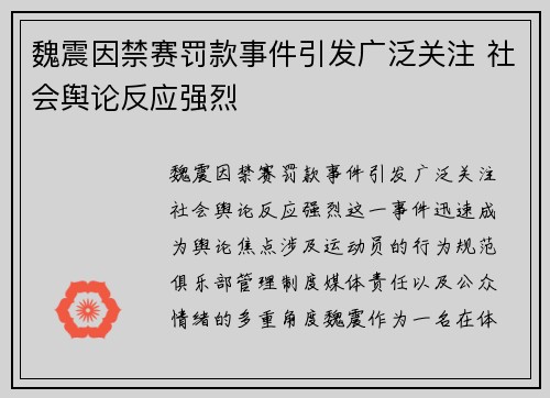 魏震因禁赛罚款事件引发广泛关注 社会舆论反应强烈