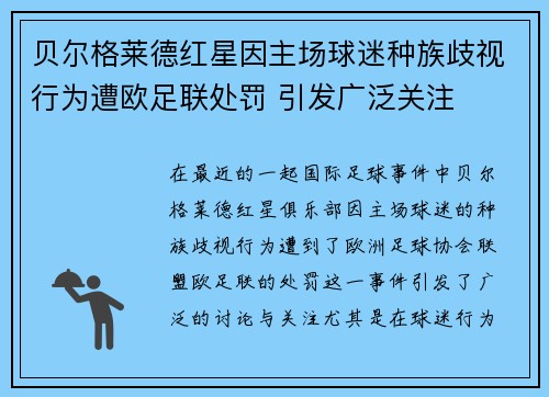 贝尔格莱德红星因主场球迷种族歧视行为遭欧足联处罚 引发广泛关注